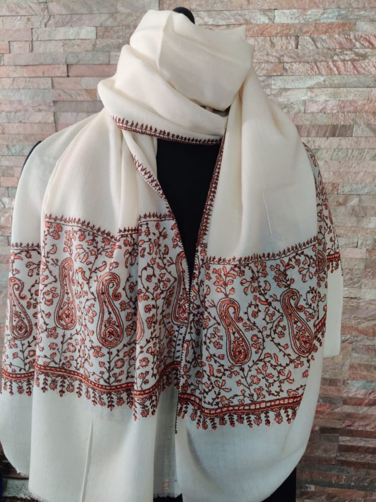 White Soft Wool Stole with Intricate Sozni Hand Embroidery