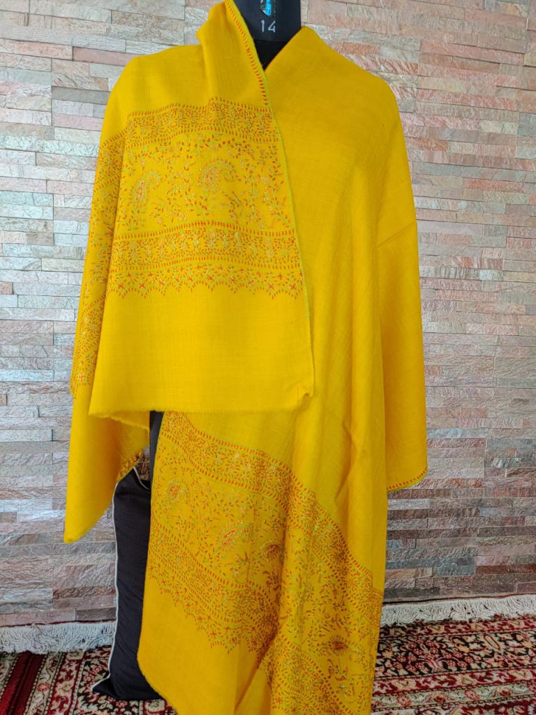 Yellow Soft Wool Stole with Intricate Sozni Hand Embroidery