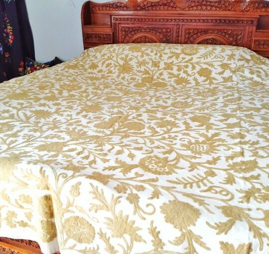 Kashmiri White Bedsheet with Beige Handwork Crewel Embroidery