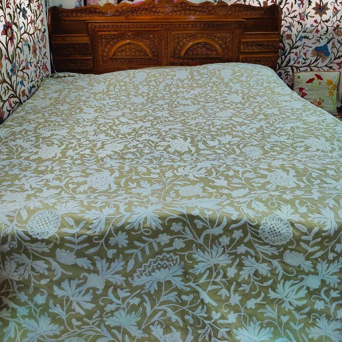 Kashmiri Bedspread with White Hand Crewel Embroidery - Image 2