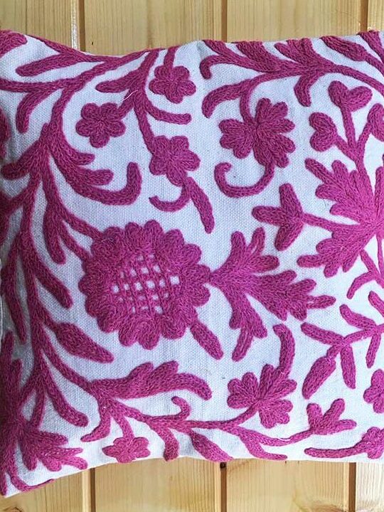 Pink on White handmade cushion cover from Kashmir India
