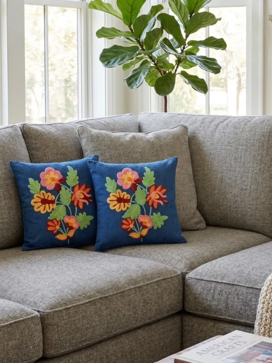 Blue Hand Embroidered Kashmiri Crewel Cushion Cover 12x12