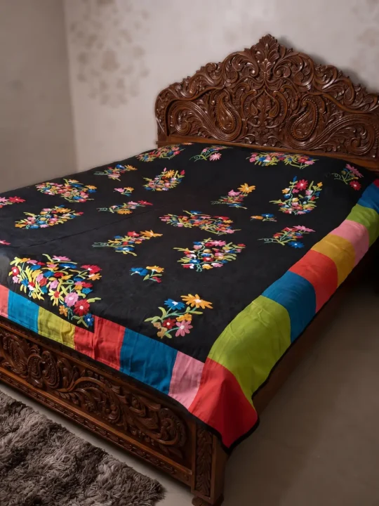 Black Bedsheet with Multi-Coloured Kashmiri Crewel Embroidery
