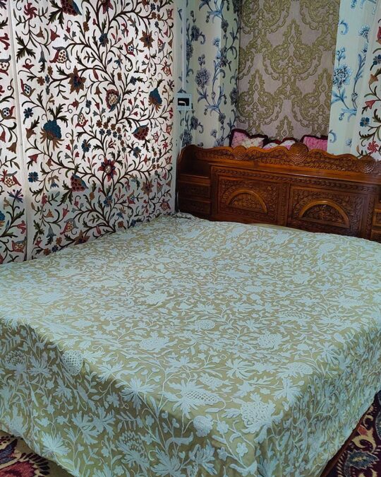 Kashmiri Bedspread with White Hand Crewel Embroidery