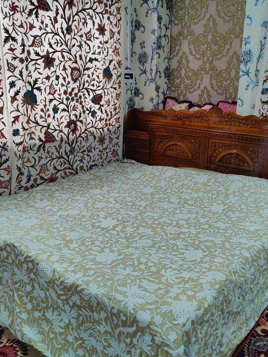 Kashmiri Bedspread with White Hand Crewel Embroidery