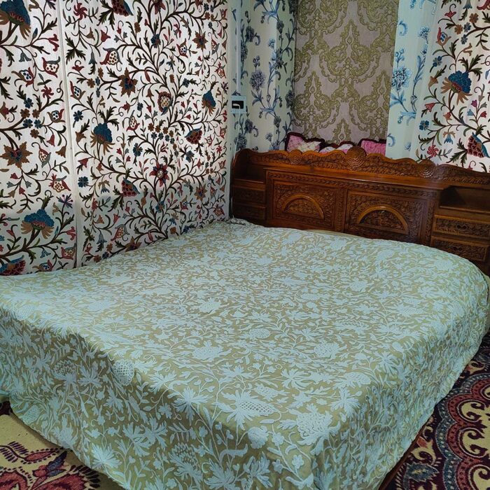 Kashmiri Bedspread with White Hand Crewel Embroidery