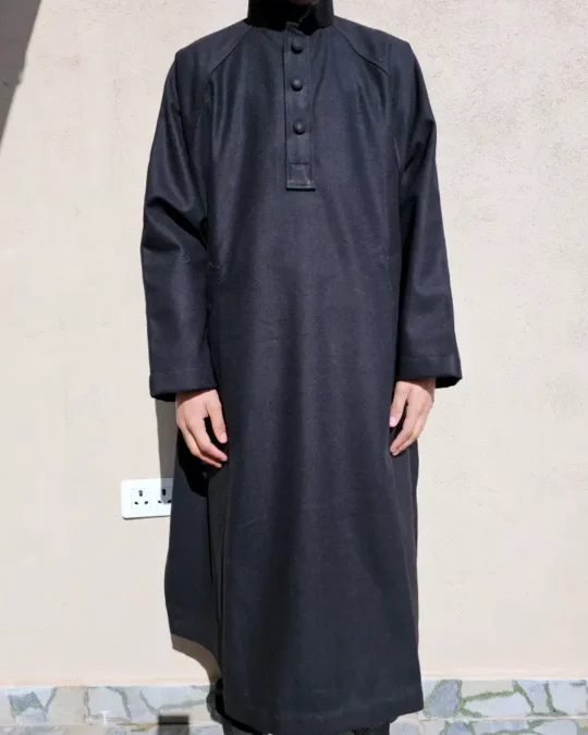 Black Mens Tweed Wool Custom Pheran | Buttons | Front Pocket
