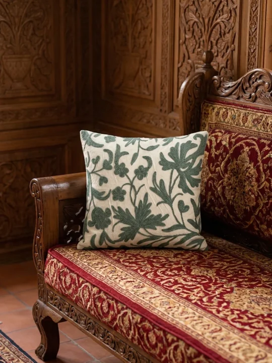 White Green Hand Embroidered Kashmiri Crewel 12x12 Cushion Cover