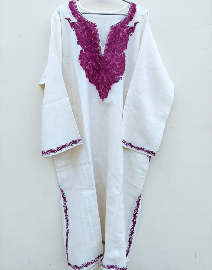 White Pure Raffal Pheran with Ari Hand Embroidery - Image 2