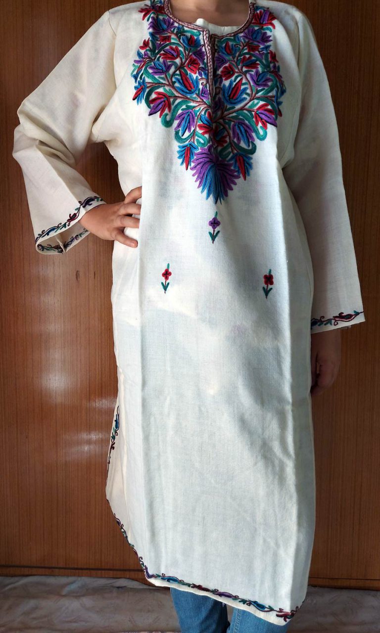 White Pure Wool Pheran With Naaldar Hand Aari Embroidery