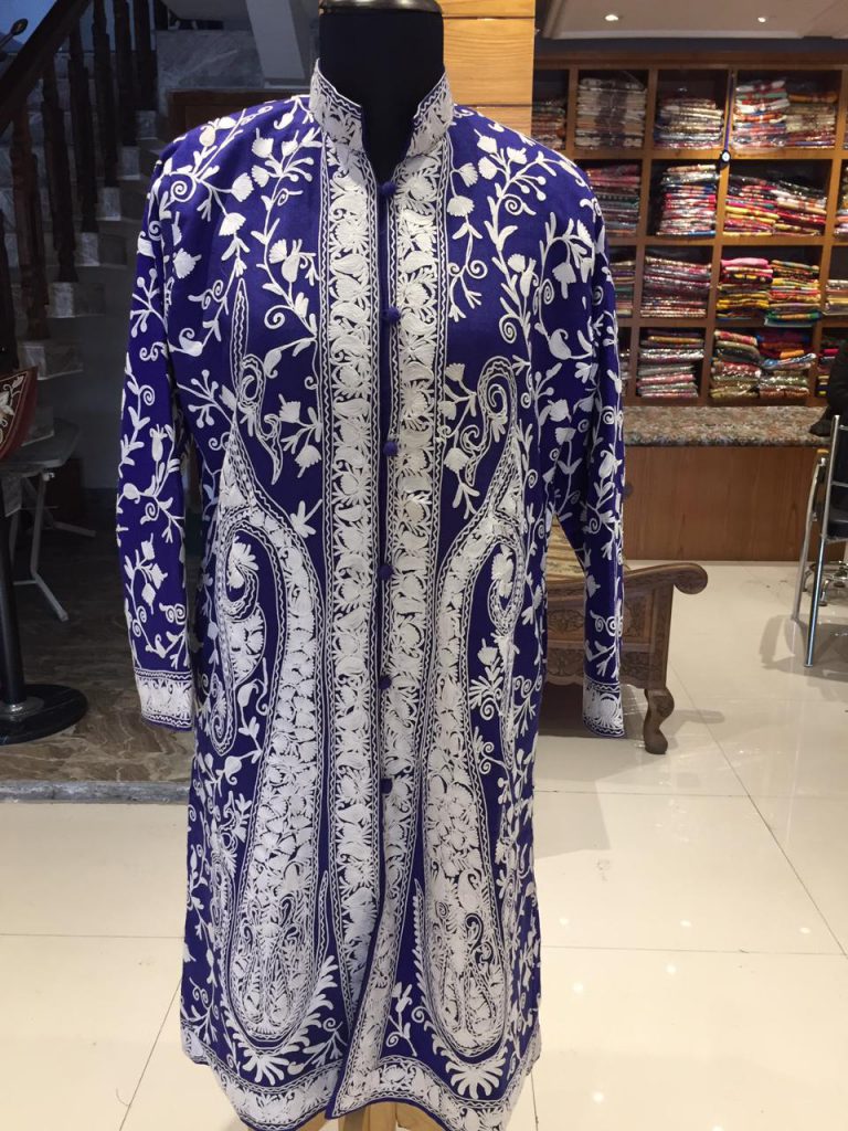 Royal Blue Pure Woolen Jacket White in Aari Work