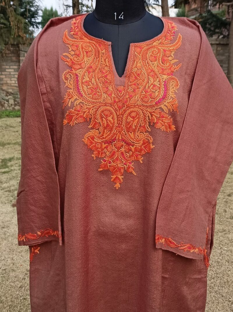 Brown Pure Raffal Pheran with Ari Hand Embroidery