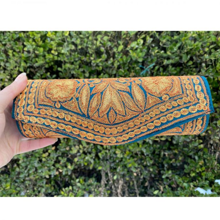 Bottle-Green Clutch With Golden Tilla