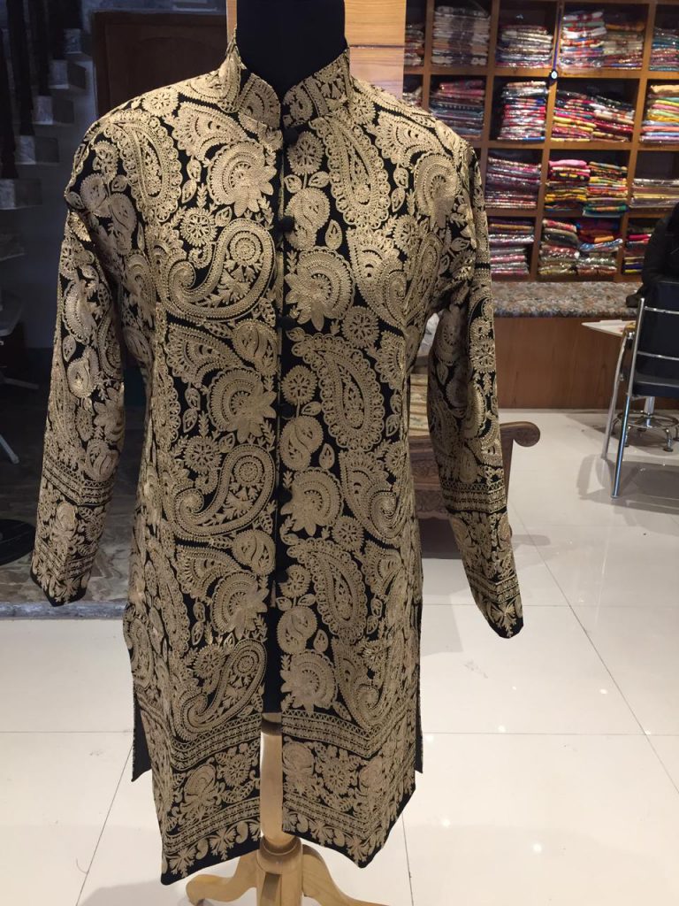 Black Pure Woolen Jacket in Beige Aari Work