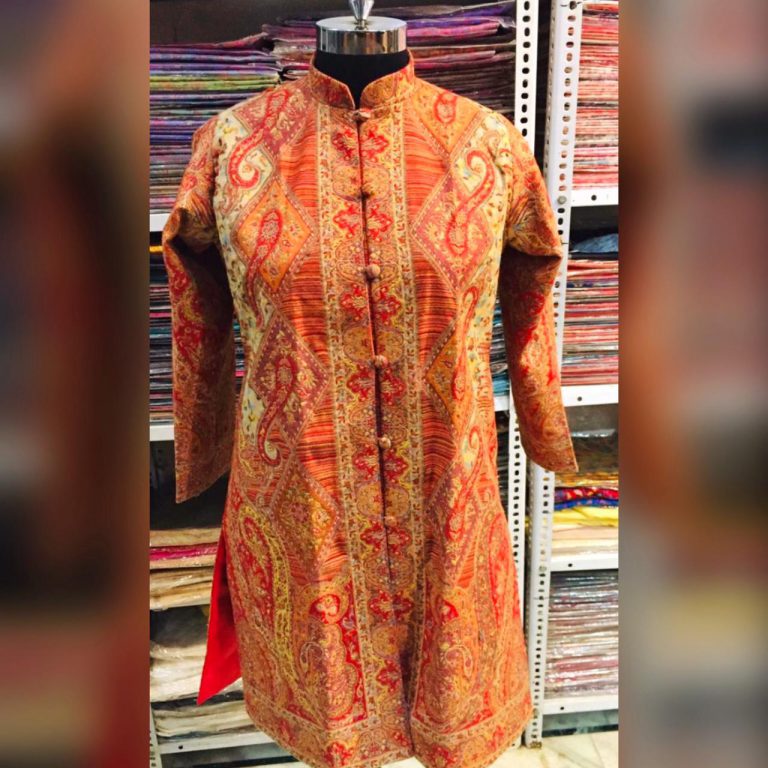 Orange Pure Woolen Winter Jacket in Kaani Design