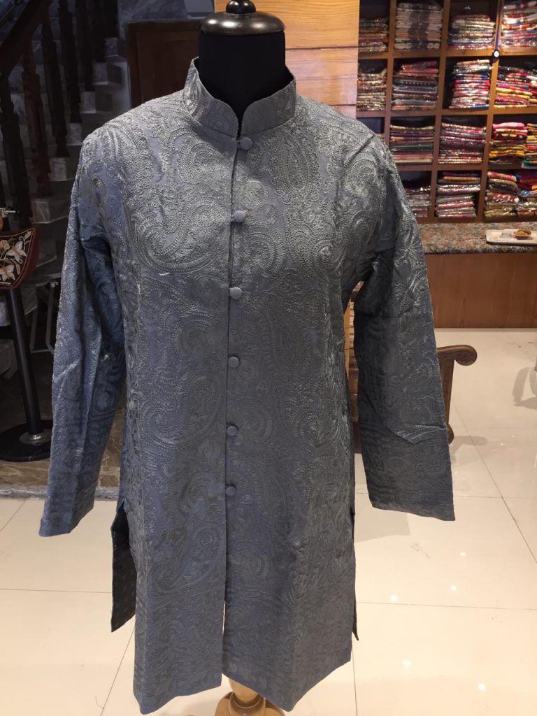 Grey Pure Woolen Jacket in Aari Work