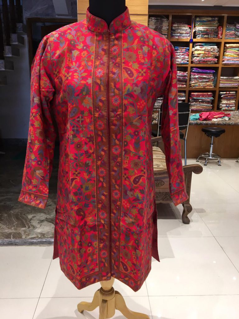 Pink Pure Woolen Winter Jacket in Kaani Design