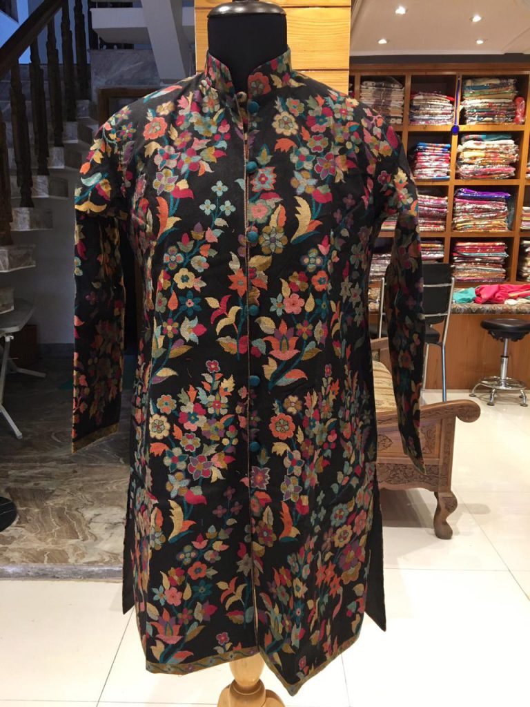 Black Pure Woolen Winter Jacket in Kaani Design