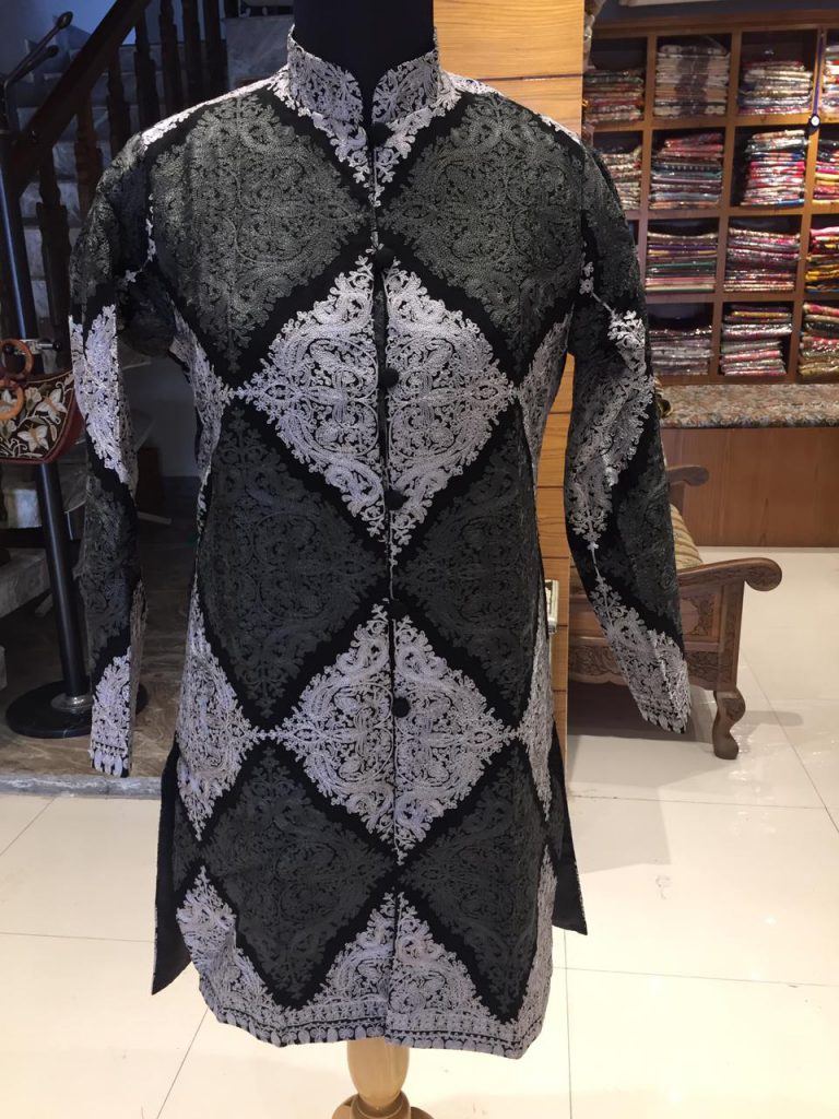 Black & Grey Pure Woolen Jacket in Aari Work