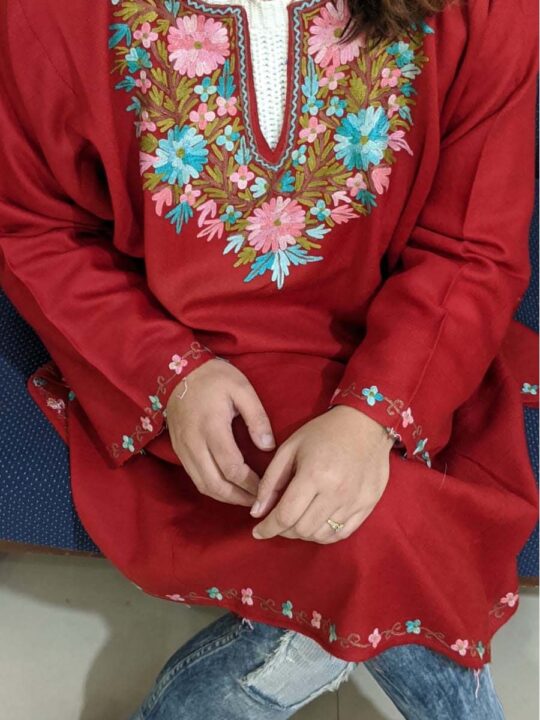 Red Pure Wool Pheran With Hand Aari Embroidery