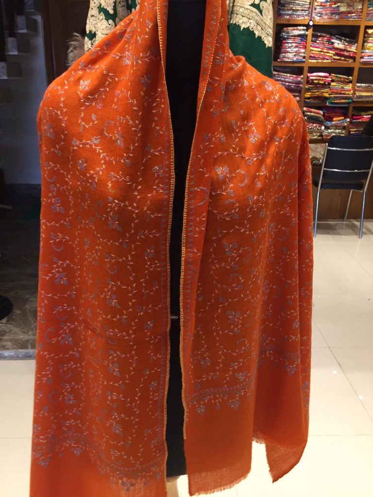 Rust Semi Pashmina Jali Stole in Sozni Handwork