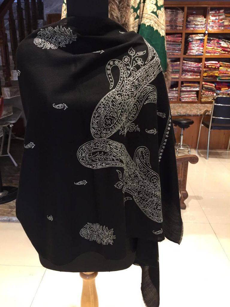 Black Semi Pashmina Jali Stole in Sozni Handwork