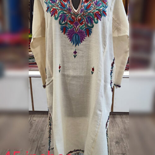 White Pure Wool Pheran With Naaldar Hand Aari Embroidery