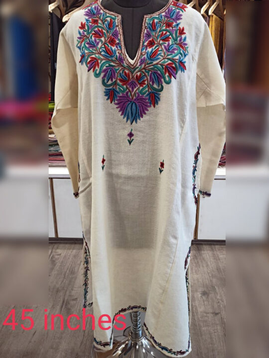 White Pure Wool Pheran With Naaldar Hand Aari Embroidery