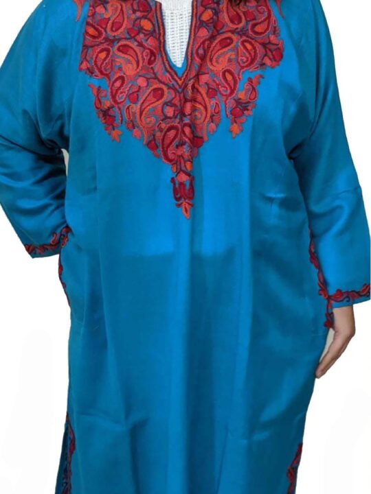 Blue Pure Wool Pheran With Hand Aari Embroidery