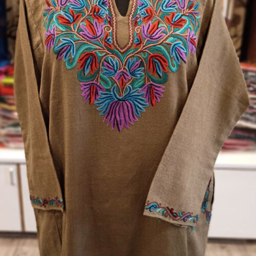 Brown Pure Wool Pheran With Naaldar Hand Aari Embroidery