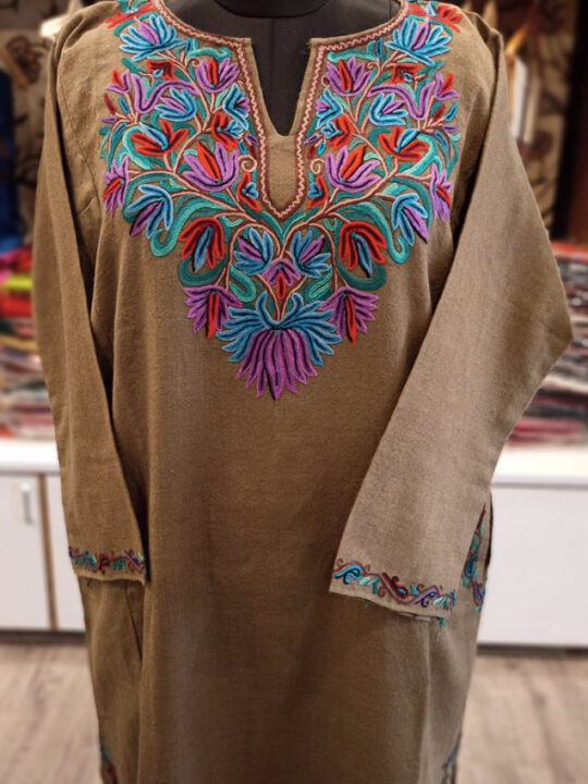 Brown Pure Wool Pheran With Naaldar Hand Aari Embroidery