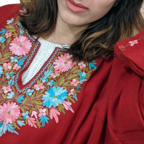 Red Pure Wool Pheran With Hand Aari Embroidery