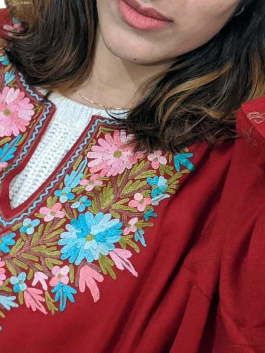 Red Pure Wool Pheran With Hand Aari Embroidery