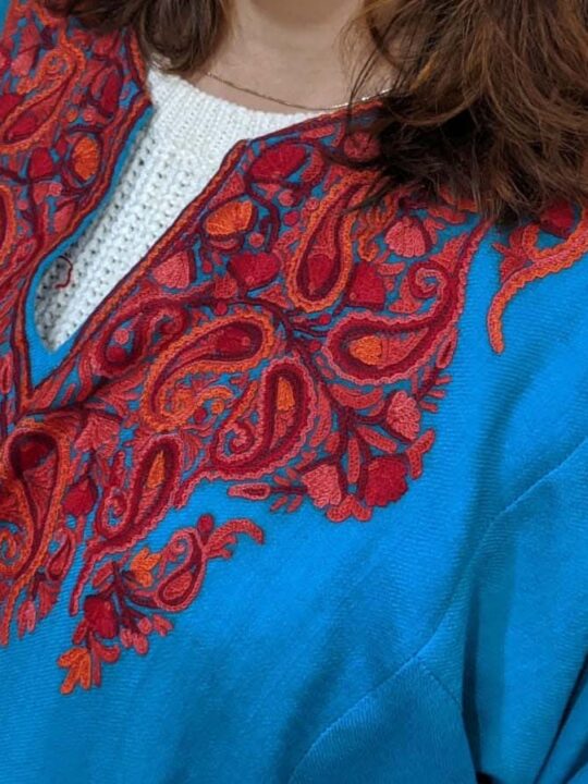 Blue Pure Wool Pheran With Hand Aari Embroidery