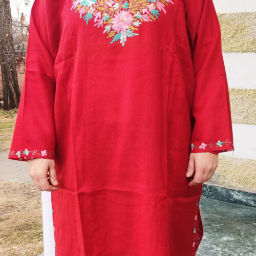 Red Pure Wool Pheran With Hand Aari Embroidery