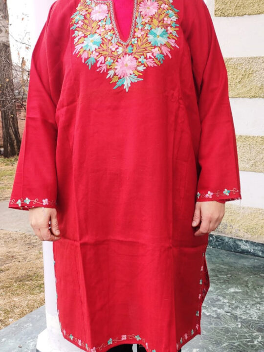 Red Pure Wool Pheran With Hand Aari Embroidery