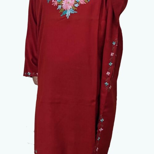 Red Pure Wool Pheran With Hand Aari Embroidery