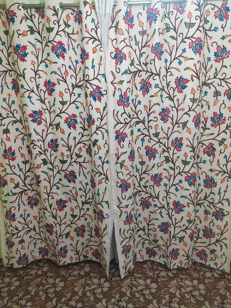 Blue Pink Chinar Leaf Crewel Curtain