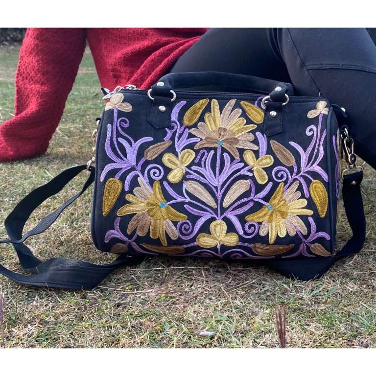 Suede Handbag Cum Sling With Crewel Embroidery
