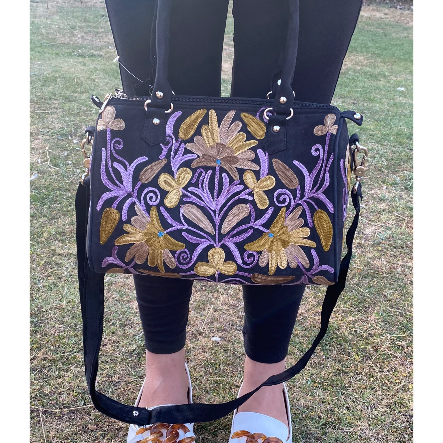 Suede Handbag Cum Sling With Crewel Embroidery - Image 2