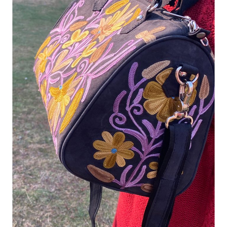 Suede Handbag Cum Sling With Crewel Embroidery - Image 3
