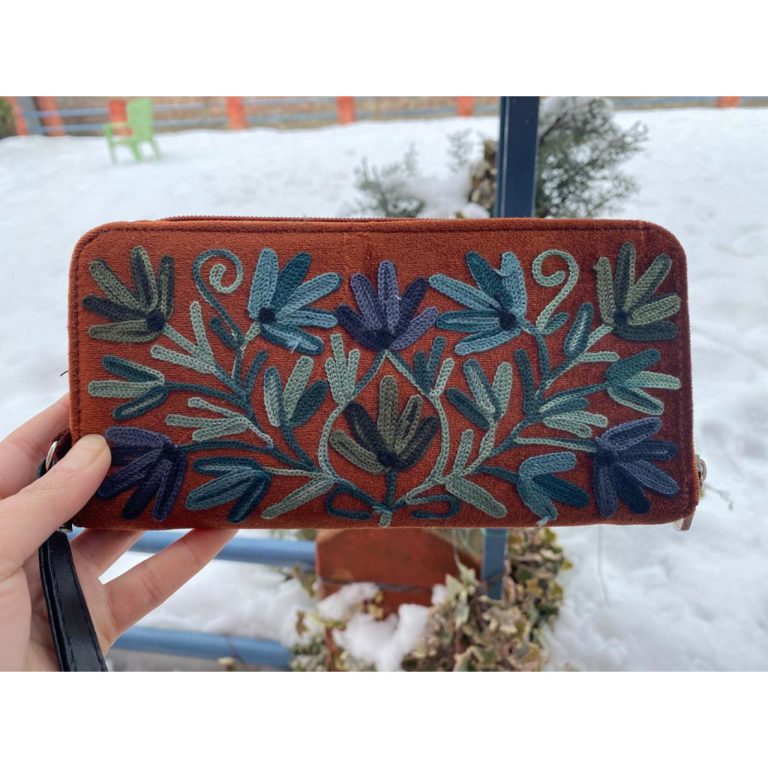 Sling Zip Velvet Wallet With Crewel Emdroidery