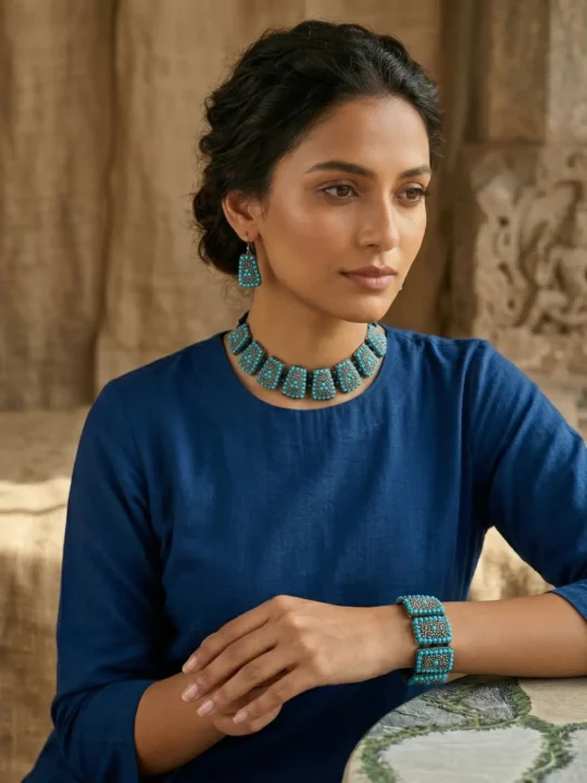 Womens Real Turquoise Jewelry Set | Handmade in Kashmir | Pair of Earrings, 1 Necklace and 1 Bracelet