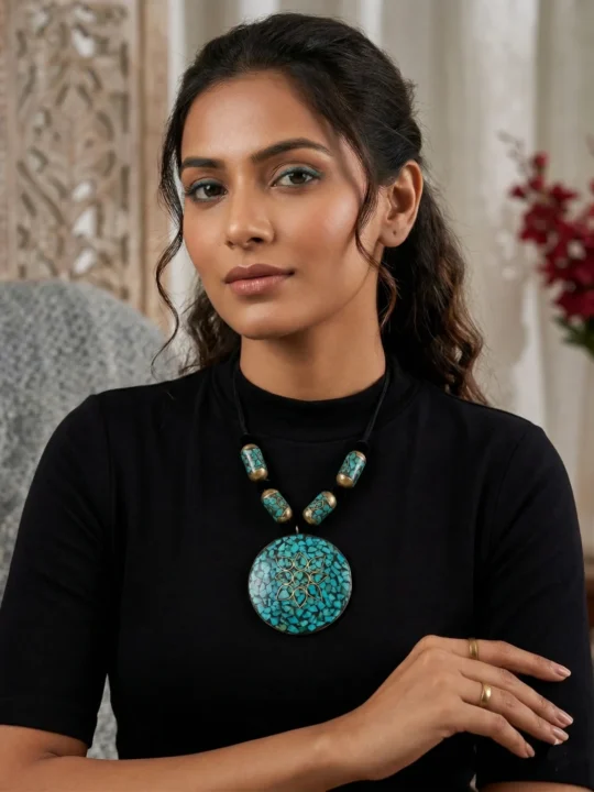 Kashmiri Natural Turquoise Stone Pendant Necklace | Blue Color