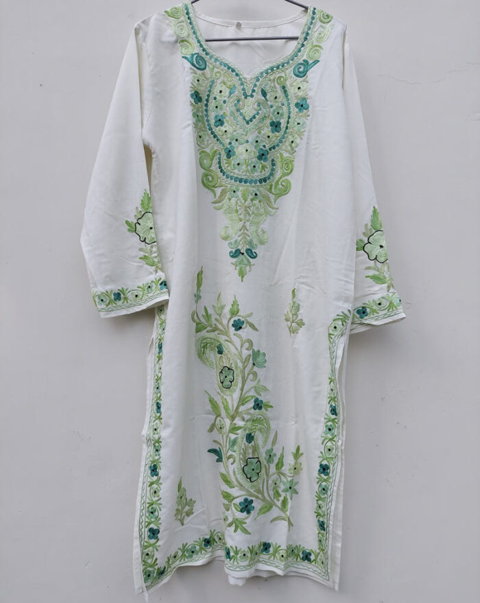 White Green Summer Cool Aari Work Kurta