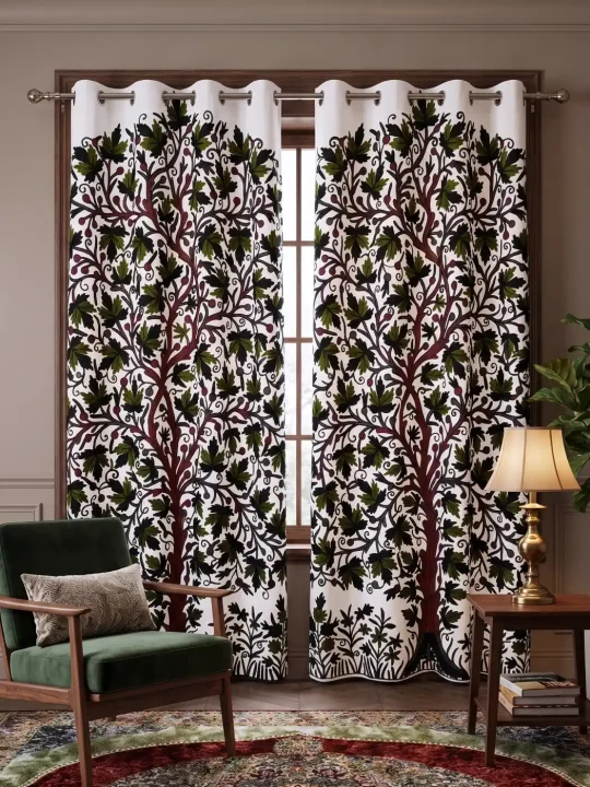 Green Jannat Chinar Tree Crewel Curtain