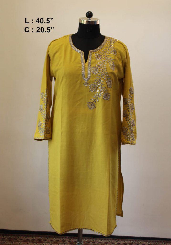 Dark Yellow Summer Cool Tilla Work Kurta