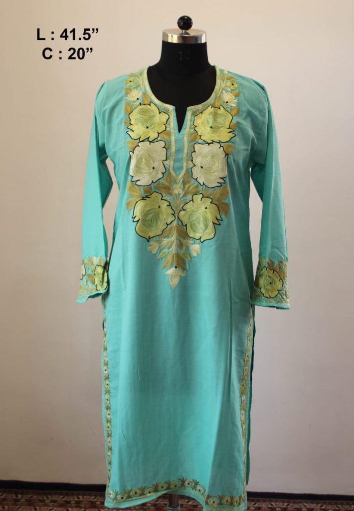 Turquoise Light Flower Summer Cool Aari Work Kurta