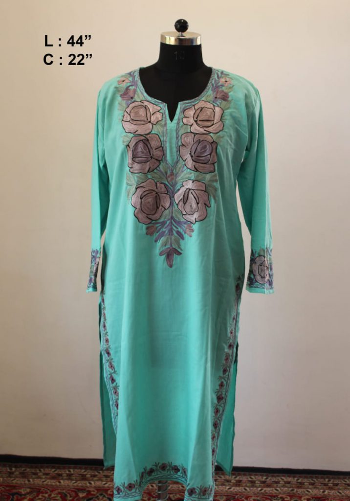 Turquoise Dark Flower Summer Cool Aari Work Kurta