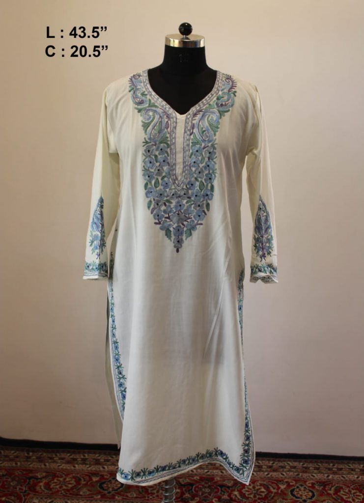 White Blue Summer Cool Aari Work Kurta